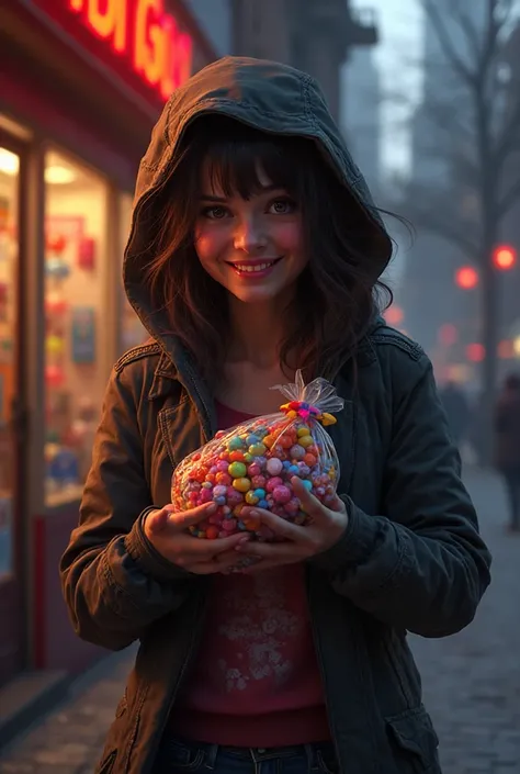 A female holding a bag of candy after robbing it from the candy store
