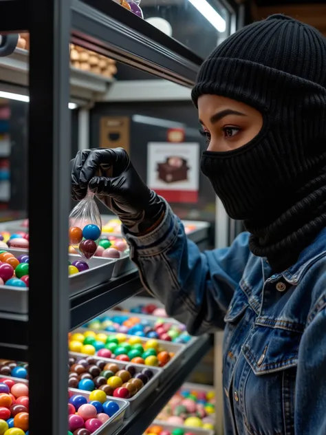 ((of confectionary stores The tense appearance of a dark woman robber stealing candy from a glass case:1.4)), ((of the face A bl...