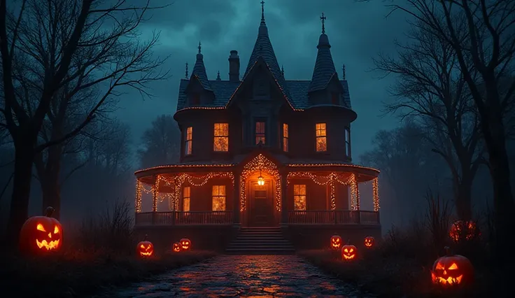 (Photorealism: 16:9), Halloween Horror Night, the castle in the middle, The house is decorated with light strips around the oute...