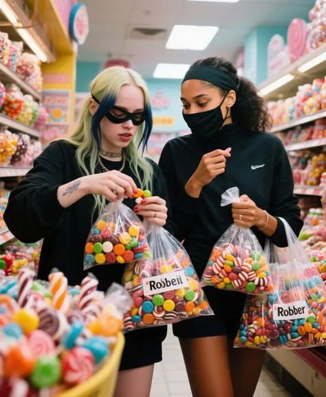 Billie Eilish and Serena Willians, using thief Masks, carring packs filled by Candies, Billie Eilish keeps putting candies on he...