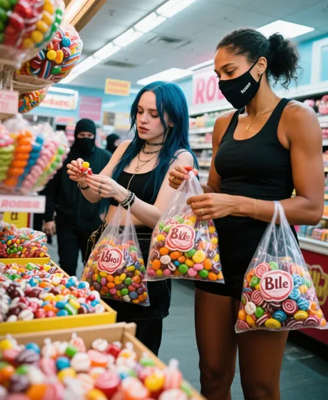 Billie Eilish and Serena Willians, using thief Masks, carring packs filled by Candies, Billie Eilish keeps putting candies on he...