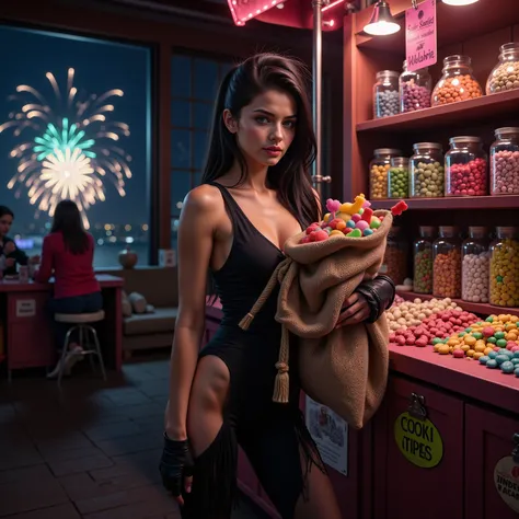 cinematic film still, dramatic lighting, 
A stunningly beautiful and slender young woman as a playful candy thief, caught in the...