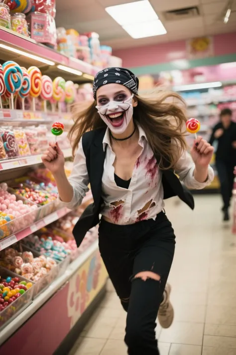 A young and sexy girl, maquiagem borrada, na loja de doce, girl running and being chased, at a candy store, holding candies wi...