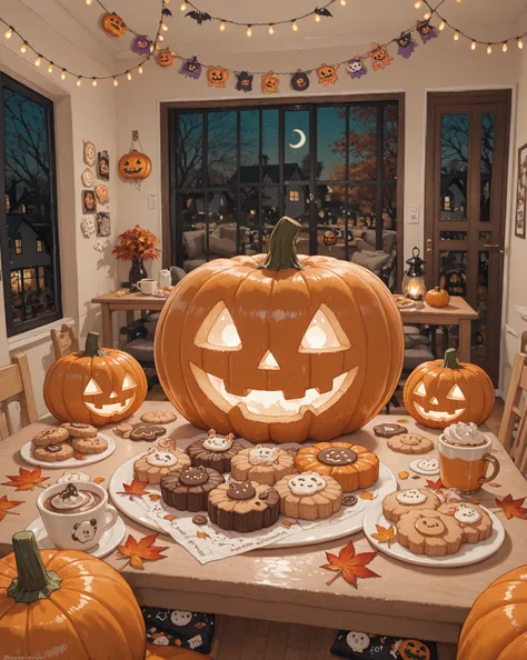 A cozy living room decorated for Halloween, handmade decorations like paper pumpkins, felt ghosts, and string lights. A small ca...