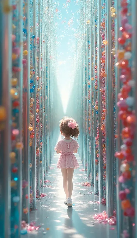 Very Narrow Passageway、no people、The top, left, and right are surrounded by glass bars、colorful beads are placed inside a glass ...