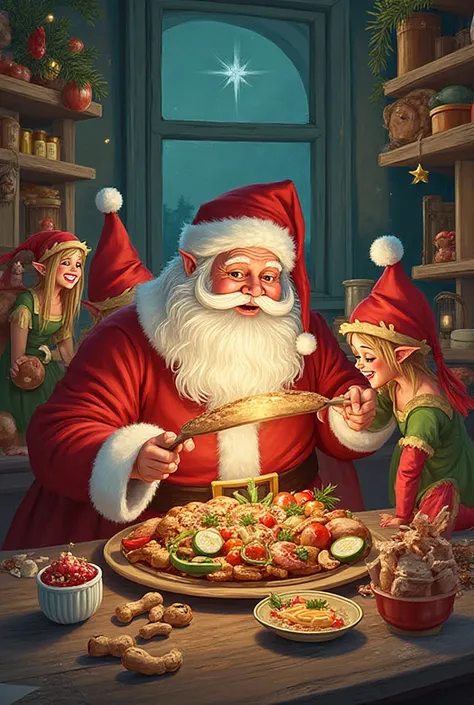 high quality, The theme is the 11 stages of Santa's journey, specifically should represent the celebration in the toy making wor...