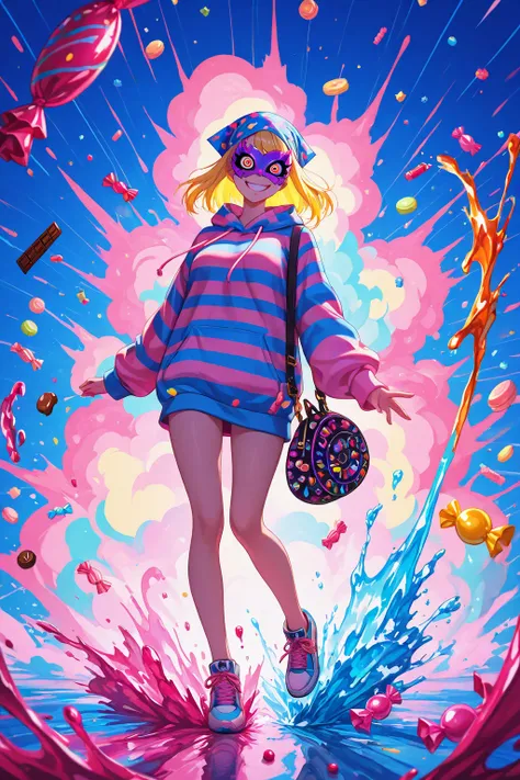 UltraHighDefinition, Cartoon Style, Full-Body Dynamic Shot of a Playful Candy Robber Mid-Escape, Carrying an Overstuffed Bag of ...