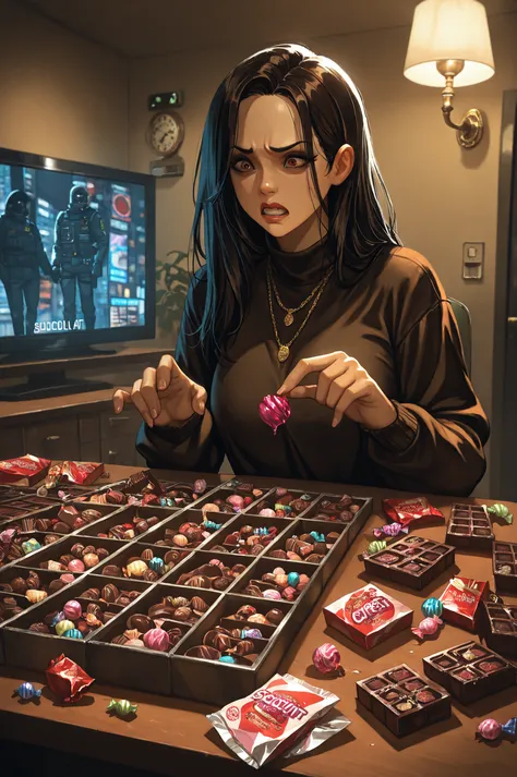 highres, masterpiece, ultra-detailed, candy robbery aftermath, adult thief counting colorful loot in hideout, piles of stolen sw...