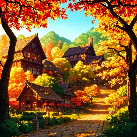 A street-level macro scene of a cozy autumn Thanksgiving village, illustrated in detailed anime style. The cobblestone street is...