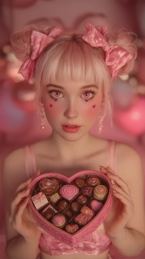 3D anime style, A young, light-skinned woman, likely a teenager, is centered in the frame, directly facing the viewer. She has l...