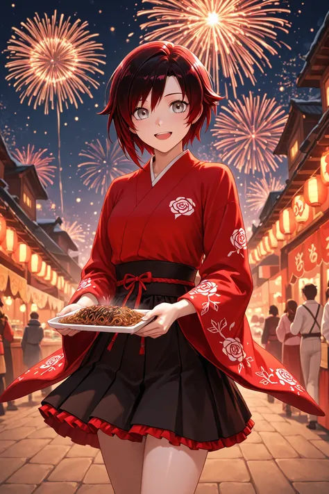 Ruby Rose from RWBY but that she is making food at a Yakisoba stand on the side of the road at the winter festival and that ther...