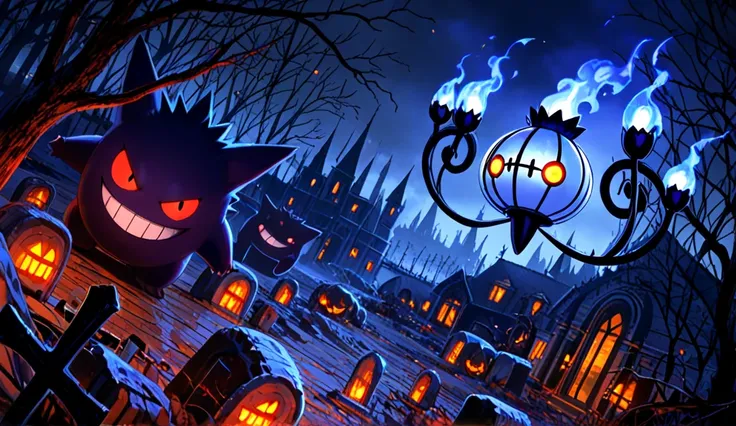 A dark, atmospheric digital painting in a realistic–fantasy style.
The scene shows Gengar and Chandelure (Skelabra) in a creepy ...
