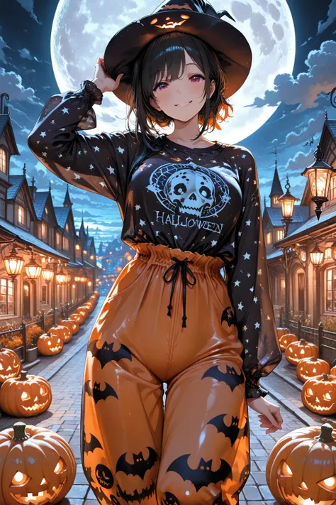 (masterpiece, top quality), high definition, artistic composition, one girl, Halloween costume, wearing a jack-o-lantern, printe...