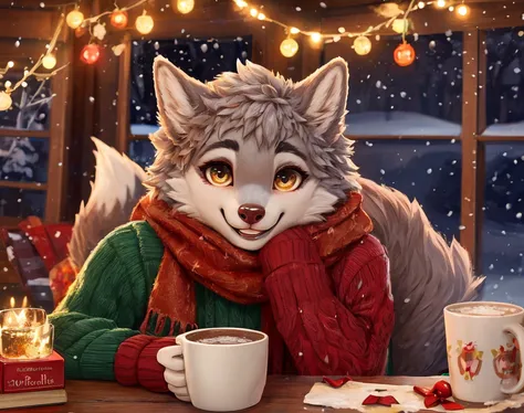 mastery, photo, ultra-high resolution, anthropomorphic wolf in Christmas mood, silver-grey wool with glitter, green festive rein...