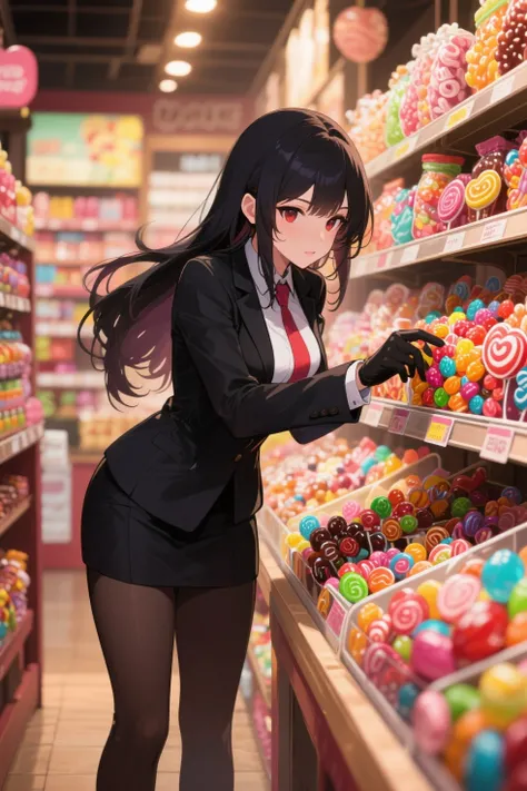 Woman candy thief, costume, stealing candy from a candy store, Anime Style,BEST QUALITY,4k,8K,high resolution,masterpiece,ultra-...