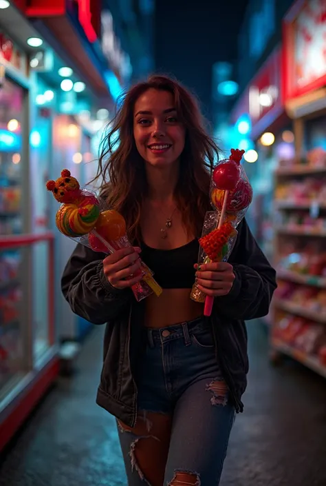 A young woman candy store thief, wearing stylish urban streetwear, clutching colorful lollipops and gummy bears, running through...