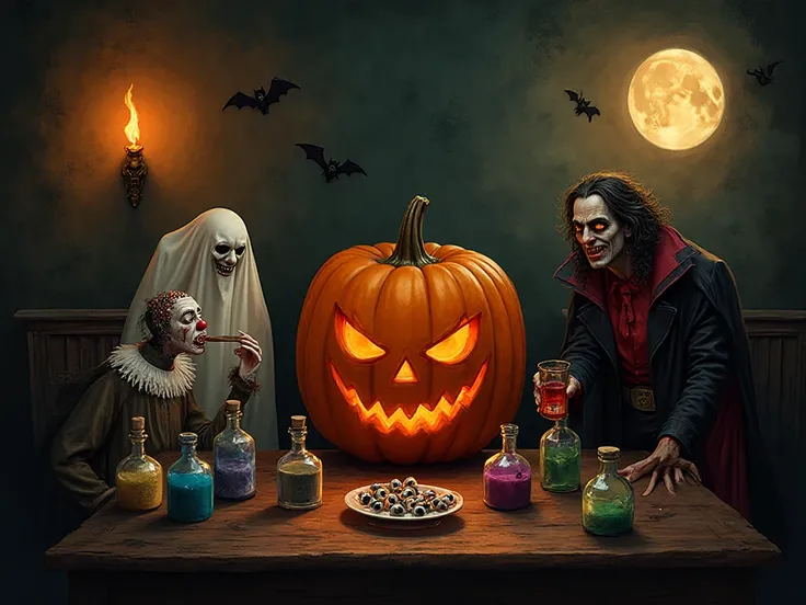 At the middle of the scène, there is an orange pumpkin, with an angry face. It is so scary. On the right of it, there is a vampi...