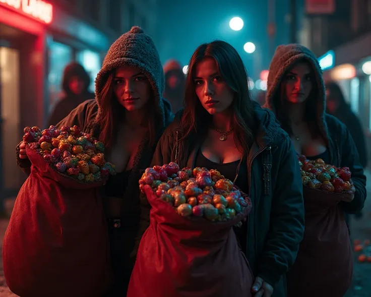 Candy Robbers with their spoils, Night photography and Street photography, Curvaceous, Fat, Adult, Hyper realistic, Hyper detail...