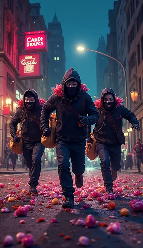 Three masked robbers run down a street with sacks full of candy. Lollipops and chocolates spill out, sparkling under the streetl...