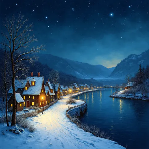 A winter landscape painting featuring a village nestled along a serene, reflective river under a star-filled night sky. The cent...