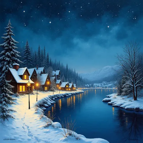 A winter landscape painting featuring a village nestled along a serene, reflective river under a star-filled night sky. The cent...