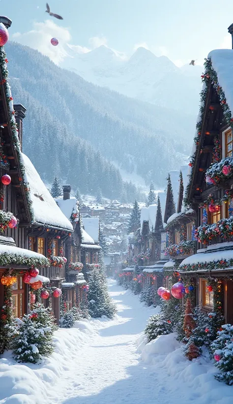 Hallstatt decorated with Christmas ornaments, viewed from above. Everywhere is pristine white with snow falling."