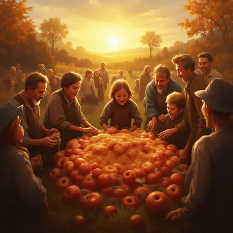 Farmers and families together collecting apples, baking bread, sharing food. Golden hour sunlight, warm tones, sincere smiles. F...