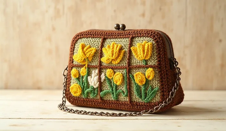 A highly detailed, high-resolution photograph showcases a handmade brown crochet purse. The purse is adorned with intricately ap...