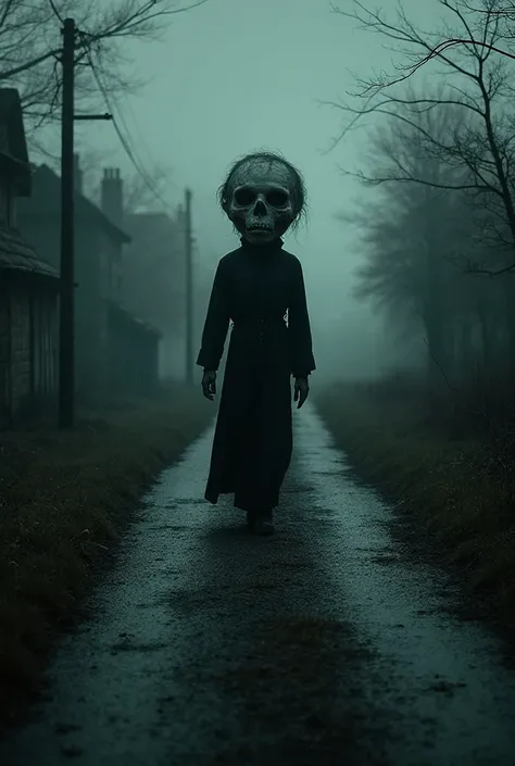 Create a horror image of a disembodied head walking down a village road, telling of an ancient curse. The image's atmosphere is ...