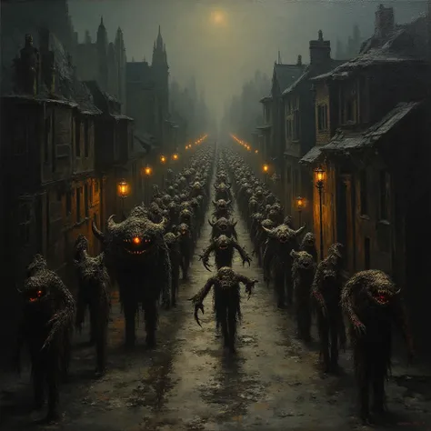 Oil painting style. A neverending single file line of various monsters are parading up a dark street with very few streetlights....