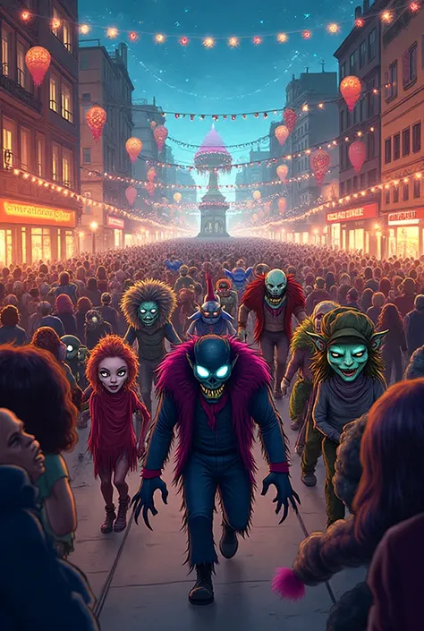 The picture shows a vibrant festive procession that includes a variety of monsters and characters The fantasy in the crowded cit...