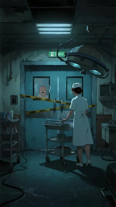 Vietnamese comic style illustration of a female nurse pushing a metal medication cart with squeaking wheels down a dark abandone...