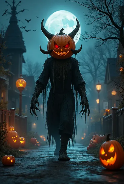 Dim night lights, full moon, Halloween street decoration, ultra high quality and detail, lots of details, artwork, monster with ...