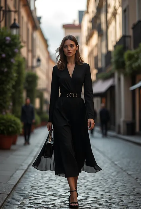 Create a realistic photo of me walking in Hanover in a black Hugo Boss dress 