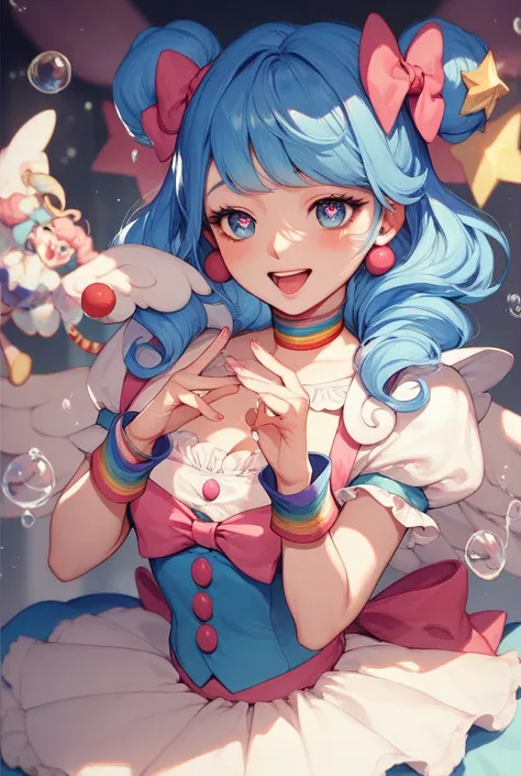 Masterpiece best quality perfect pretty girl heart eyes pink blue hair clown clothes carnival circus water bubbles princess ange...