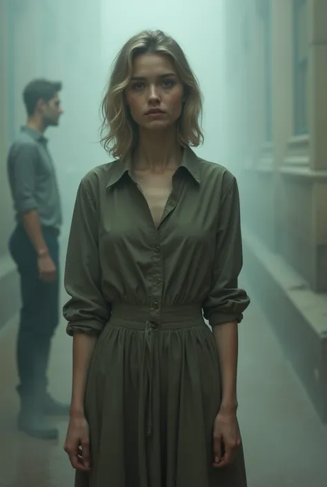 Khaki dress on the girl. Hair above the shoulder.  The man depicted from behind dissipates, like fog 