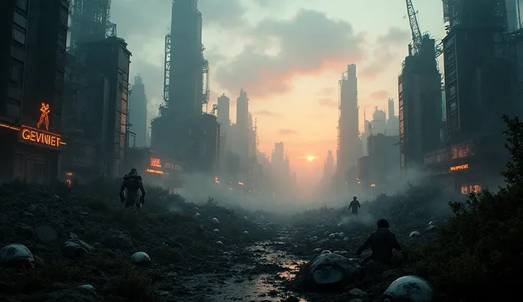 A vast futuristic city in ruins at dusk, illuminated by the fading glow of broken neon signs and distant fires. Collapsed skyscr...