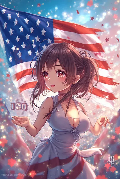 US flag with 100 lettering and anime girl