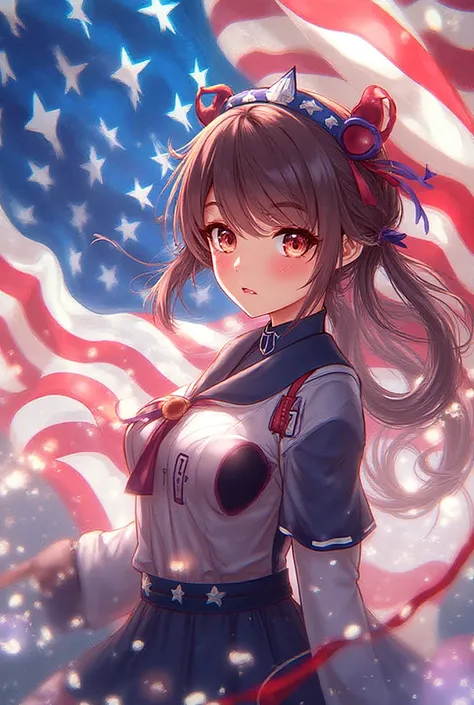 US flag with 100 lettering and anime girl