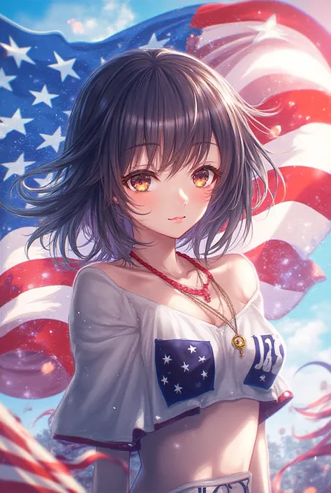 US flag with 100 lettering and anime girl