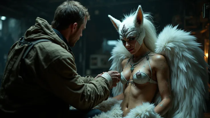 In the cramped, flickering cargo hold of a battered spaceship, the camera frames a muscular Earth warrior, aged 30-35, clad in a...