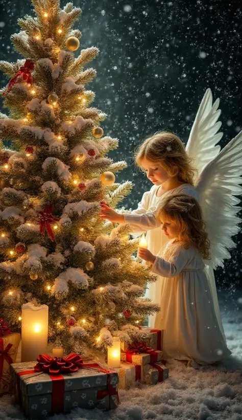 Two angelic children with golden hair and white feathered wings decorating a glowing Christmas tree at night, surrounded by snow...