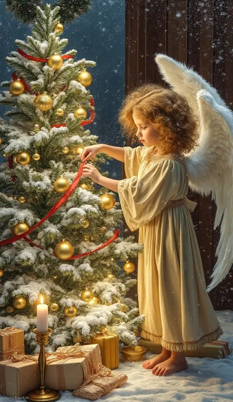 Two angelic children with golden hair and white feathered wings decorating a glowing Christmas tree at night, surrounded by snow...