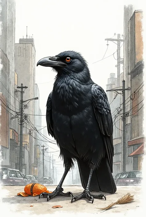 Hand-drawn drawing of a city crow