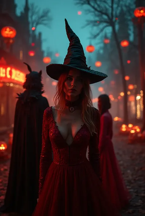 Create a cinematographic photograph depicting Halloween. neon colors : vermelho, roxo , vinho, amarelo, laranja, verde , branco ...