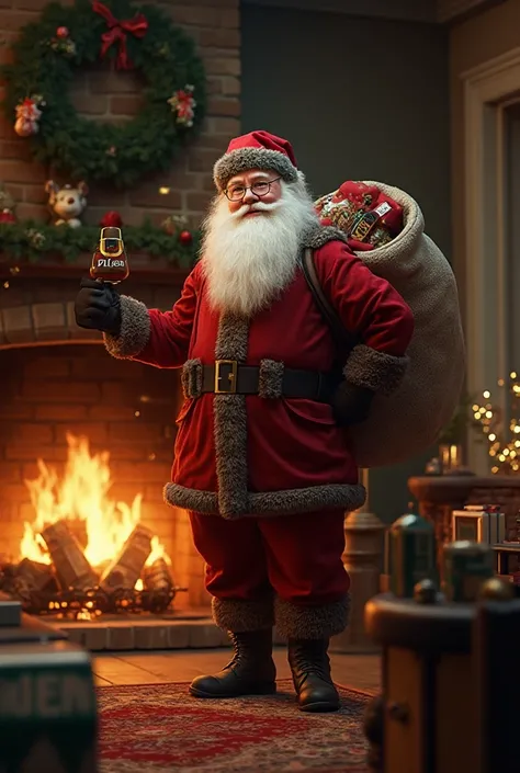 Santa Claus coming out of the fireplace leaving a Pilsen box on the table with glasses served (high quality, 8K ultra HD) Real i...