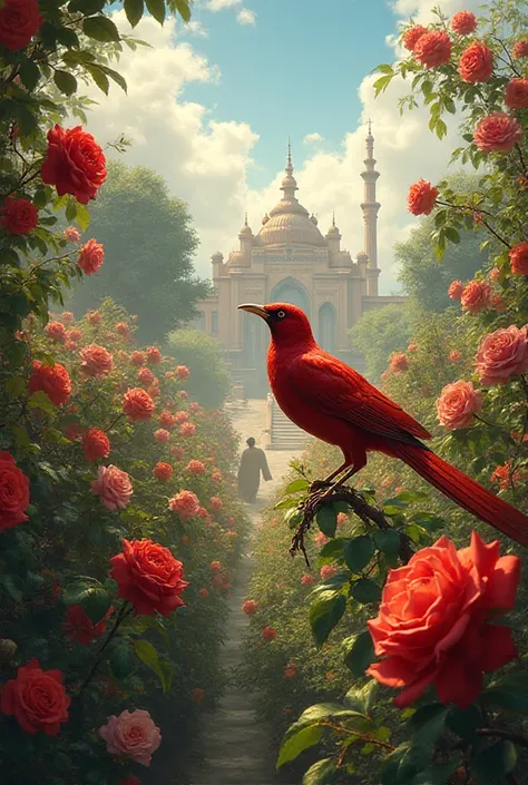 The red nightingale lands on the roses in the palace garden, sings sadly, and the gardener tells the sultan