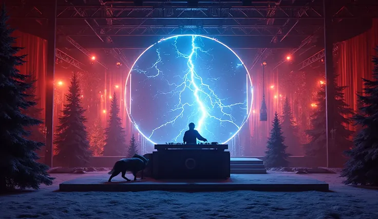 hardstyle stage, dj set, big speaker on center of screen, emmiting blue lightning strike with wolf and robot harvesting energy t...