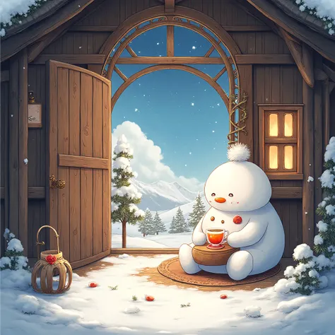 high detail,, 8K, intricate details,
(super beautiful illustration)、(anime/chibi)、
(Mountain hut、(indoors)、Snowman character dri...