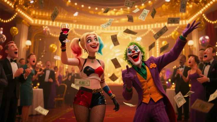 3D animation scene inside a luxurious party hall filled with golden lights and elegant decorations. Harley Quinn, wearing her or...